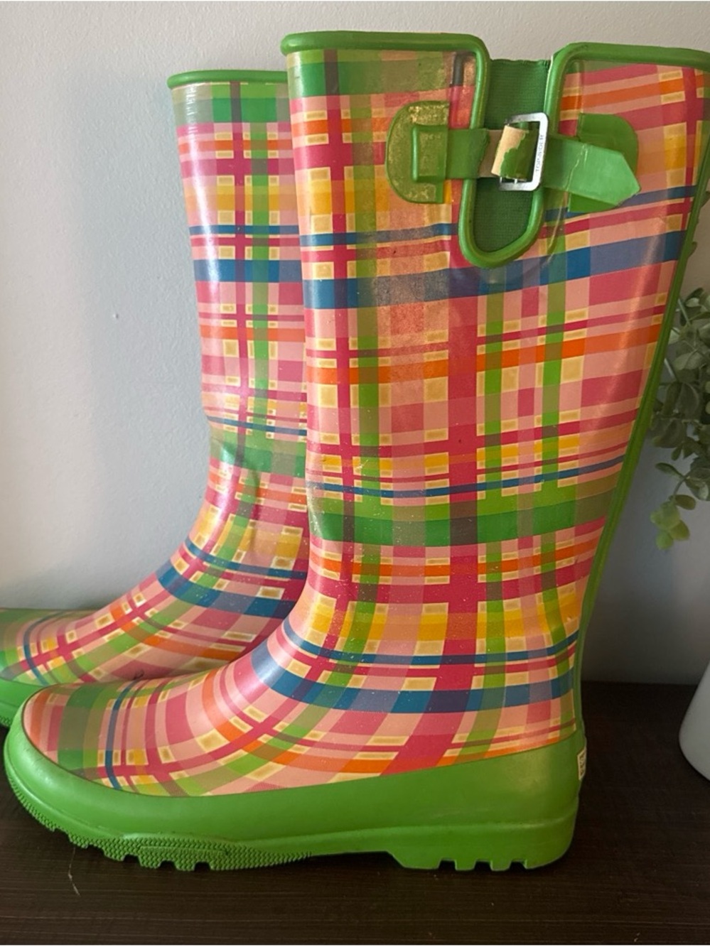 Women’s Sperry Plaid Rain Boots in Multicolor and Green